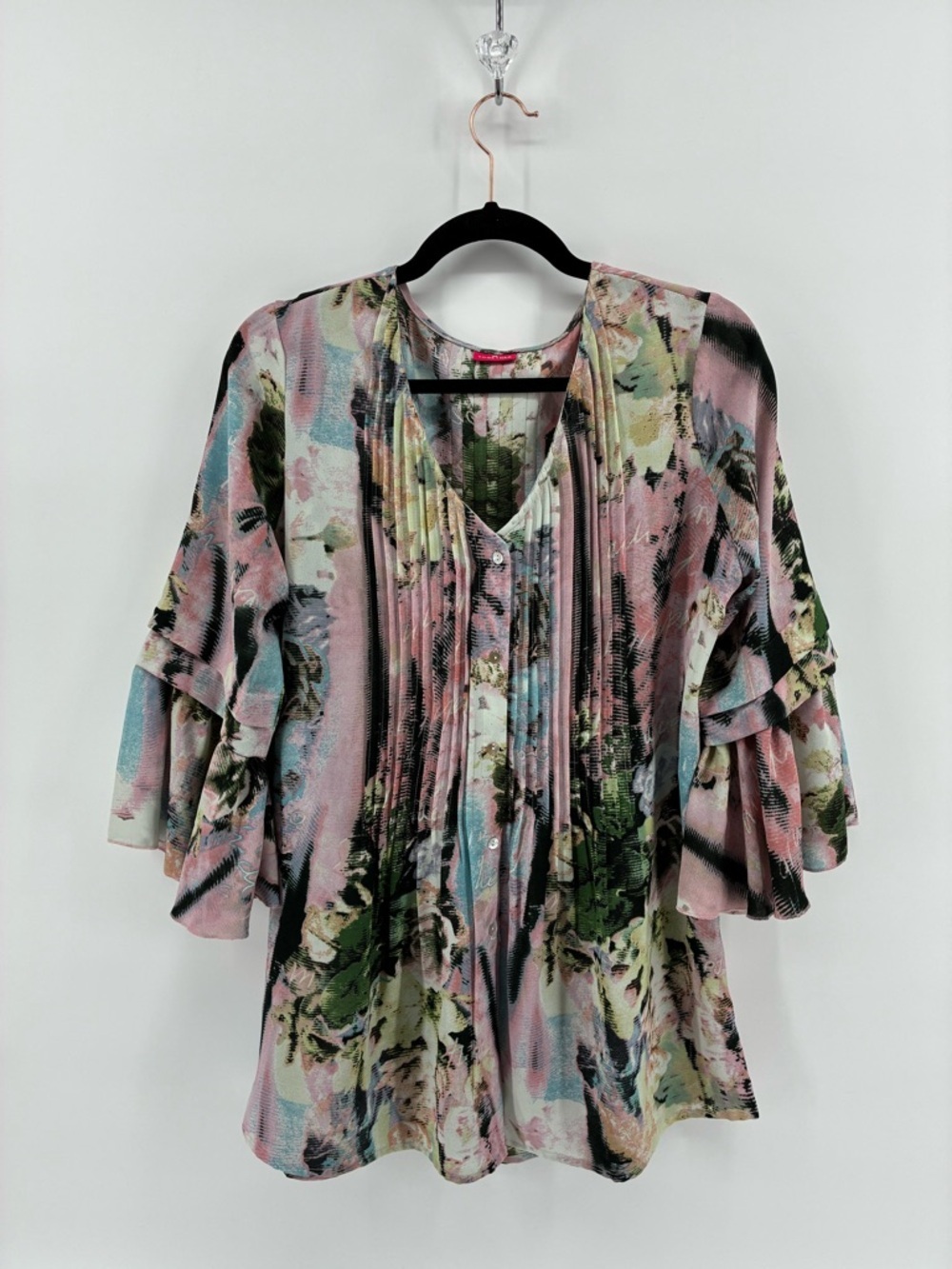 Floral Pintuck V-Neck Ruffle Sleeve Top - Pink Multi